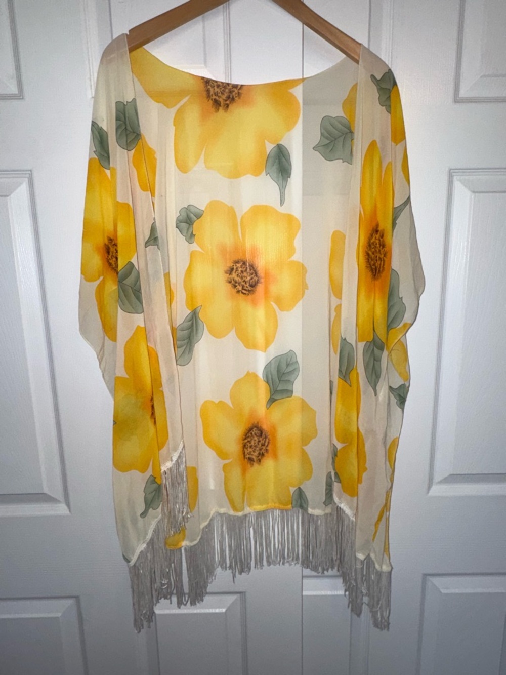 Sax Yellow Floral Kimono Cover Up Fringe Hem Sheer Beach Boho One Size